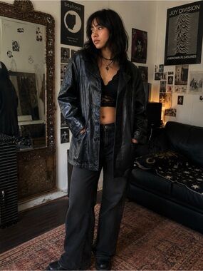 Black Leather Button-Up Jacket